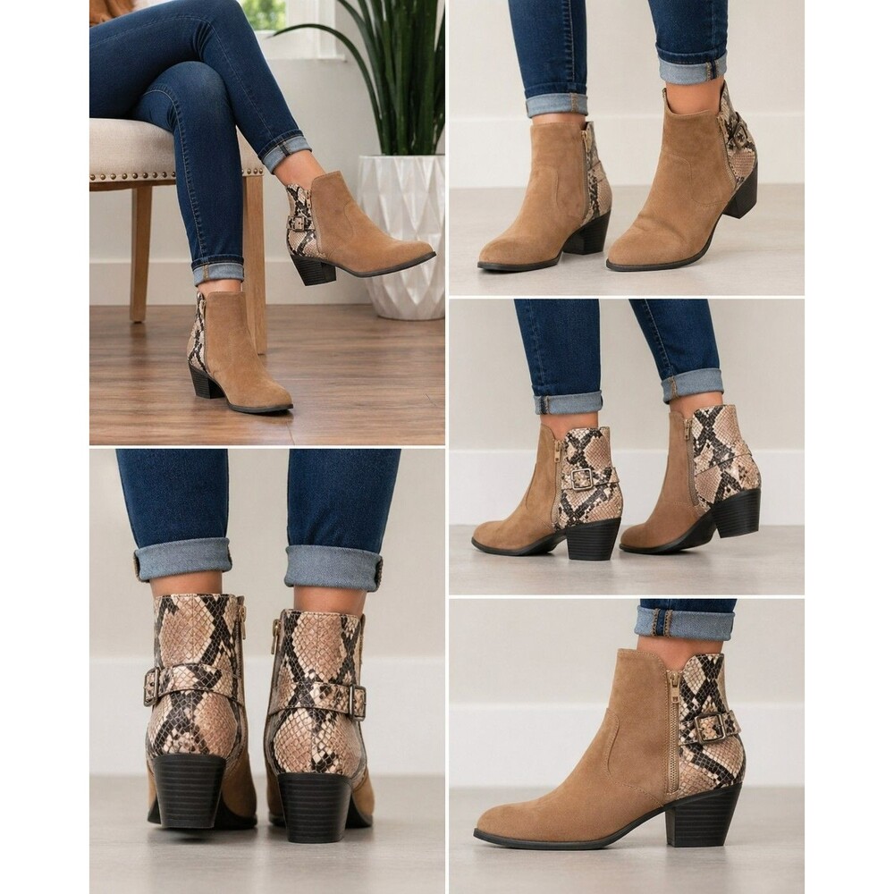 Vionic Naomi Snake Ankle Boots Womens 7 Wide Brown Suede Snakeskin Buckle